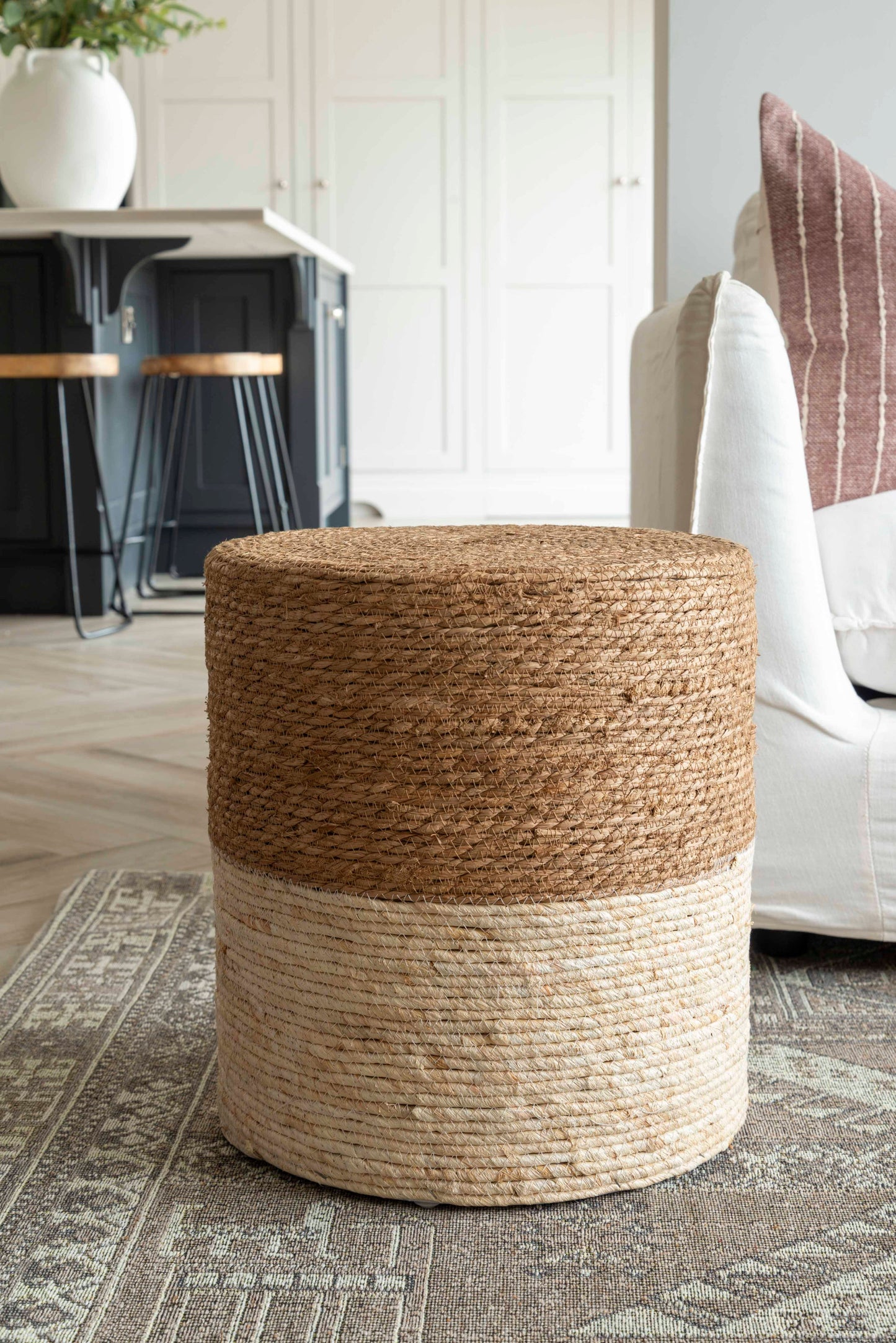 Set of 2 Handwoven Straw Pouf Ottomans