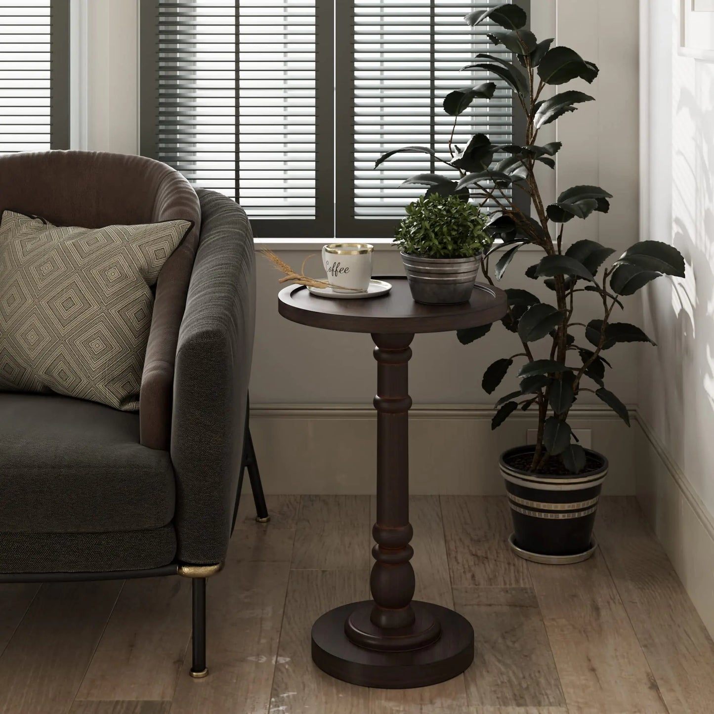 15 Inch Espresso Pedestal Tray Top Side Table