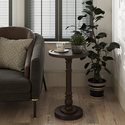 15" Espresso Pedestal Table, Rustic Side Table for Living Room