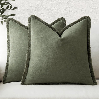 Boho Farmhouse Linen Pillow Covers Olive Green
