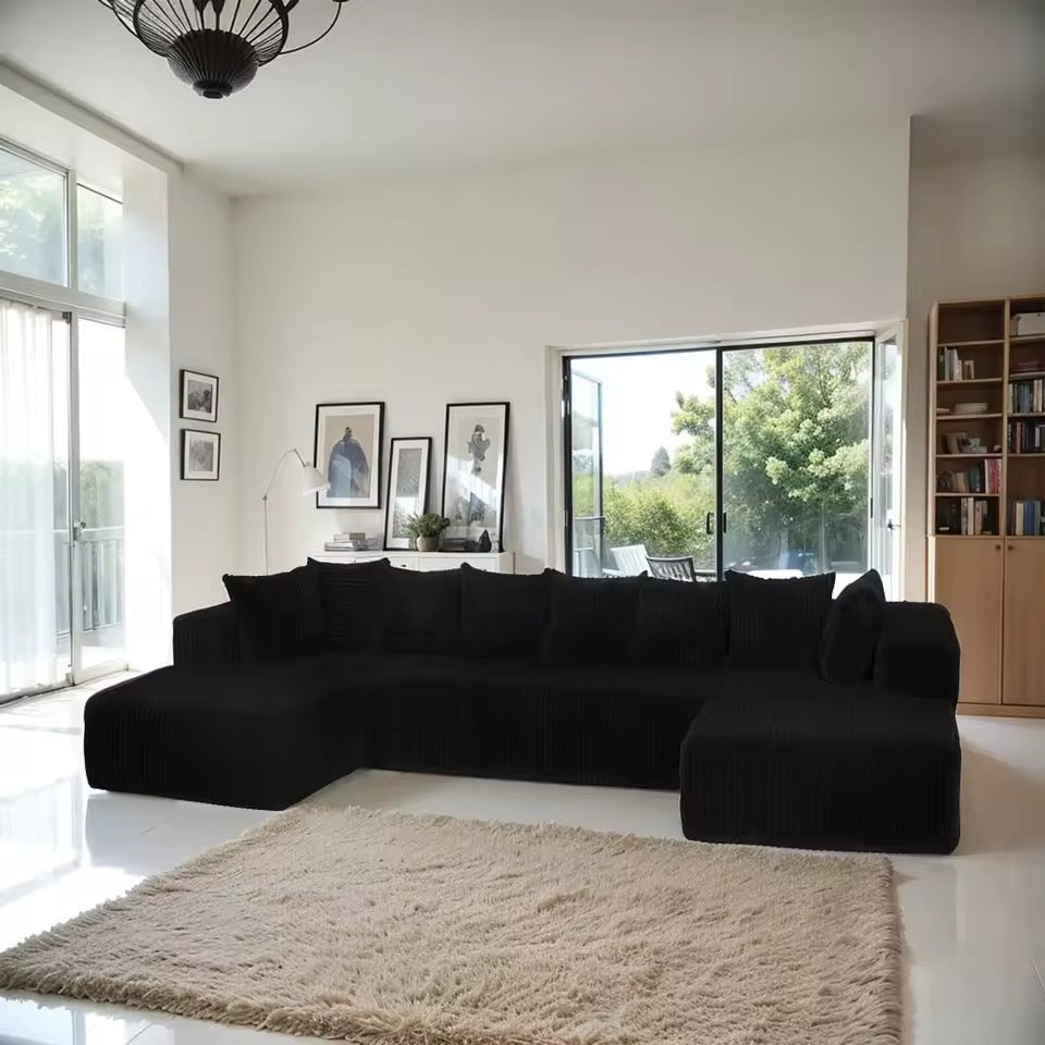 130" U-Shaped Sectional Sofa, Corduroy Modular with Chaise Lounge