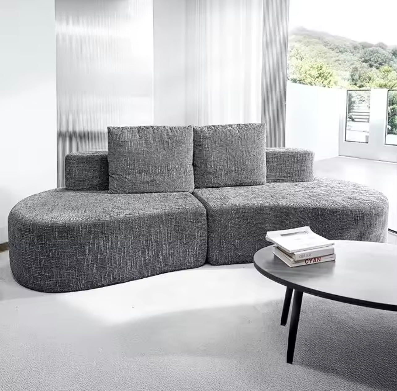 98” Curved Half-Moon Sofa Bed, 4-Seater Couch with Linen Upholstery