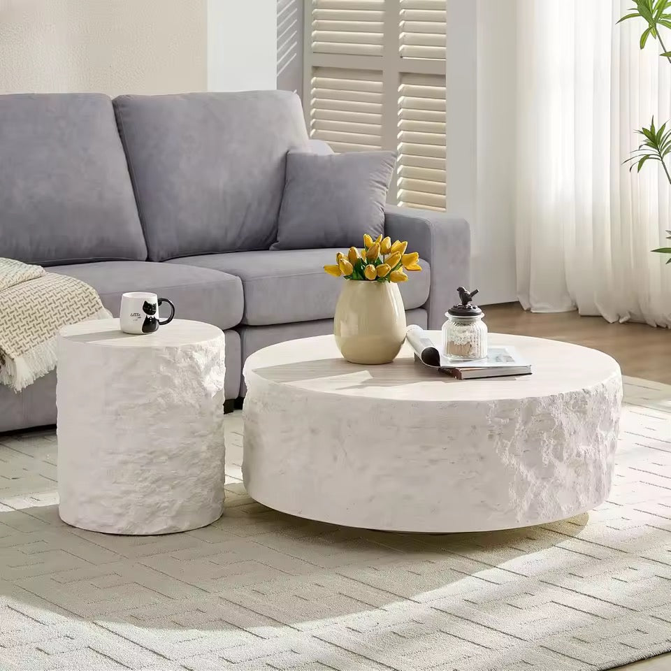 Round Cement Stone Drum Coffee Table, Fiberglass Faux Marble Finish