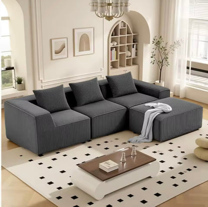 111.5” Modular Boneless Corduroy Sectional Sofa, Deep Seat 3-Seater