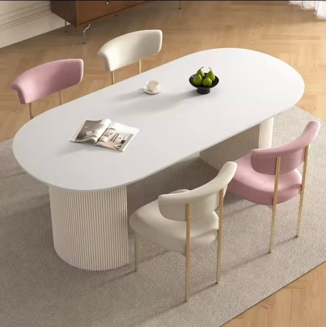 White Oval Minimalist Solid Wood Dining Table