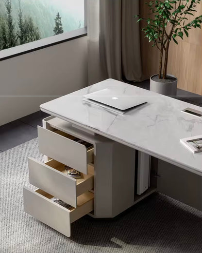 Contemporary Rock Slab Office Desk with USB and Storage, White
