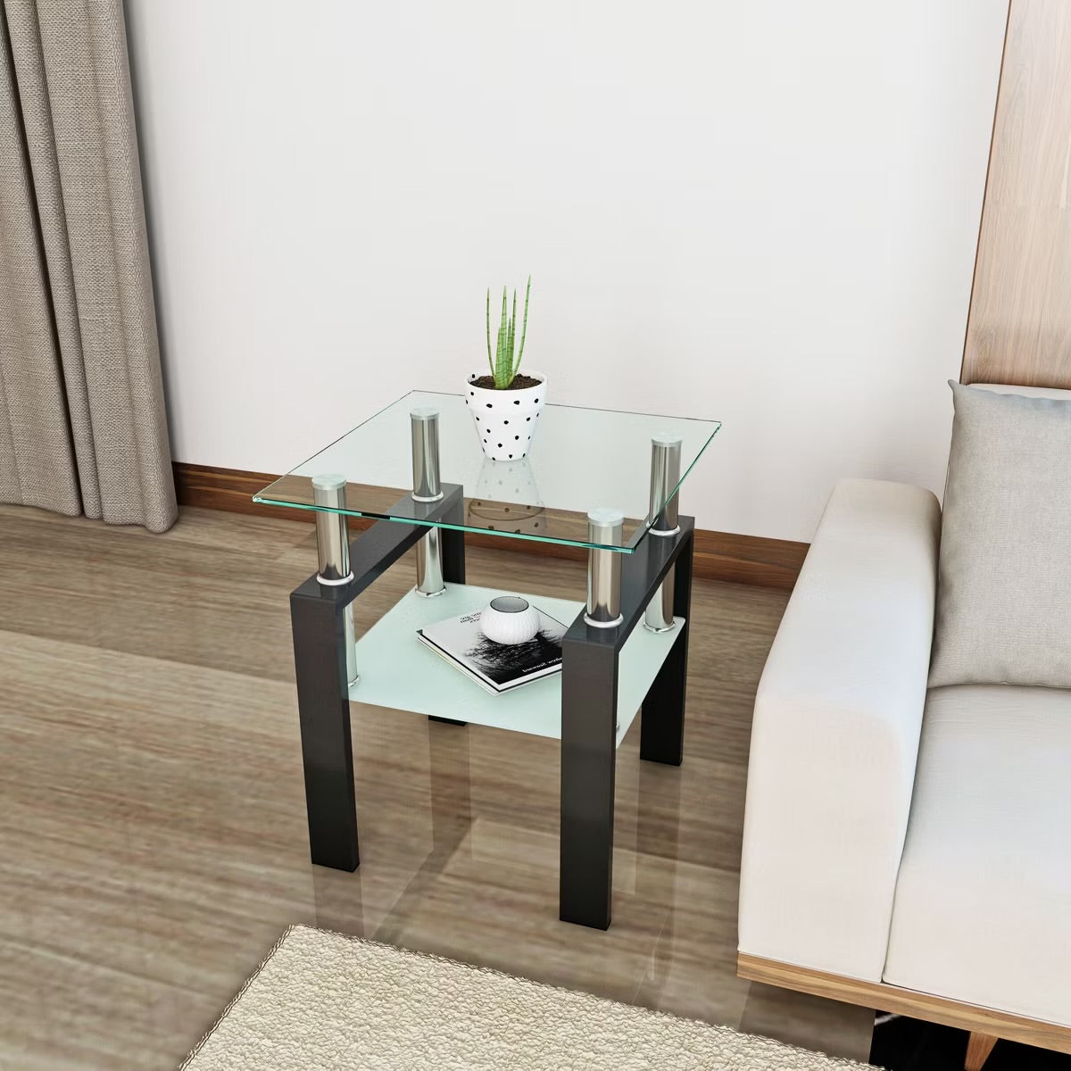Black Tempered Glass Square End Table