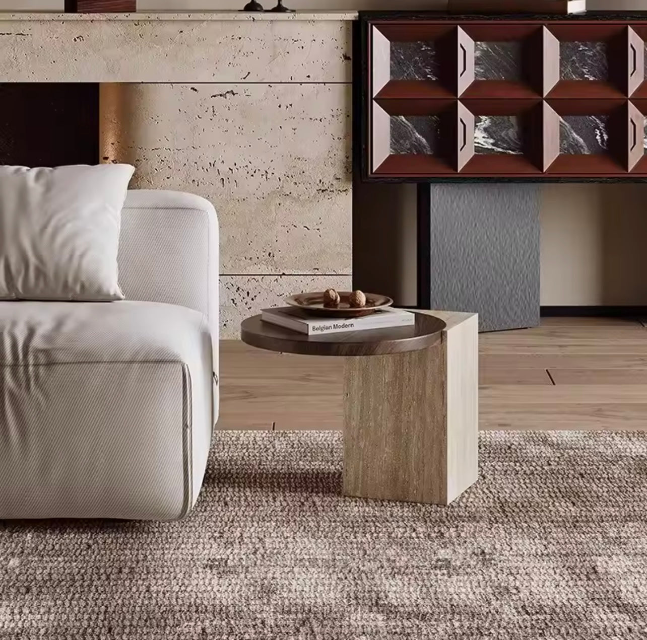 Solid Wood & Roman Cave Stone Coffee Table with Rounded Corners