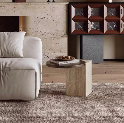 Solid Wood & Roman Cave Stone Coffee Table with Rounded Corners