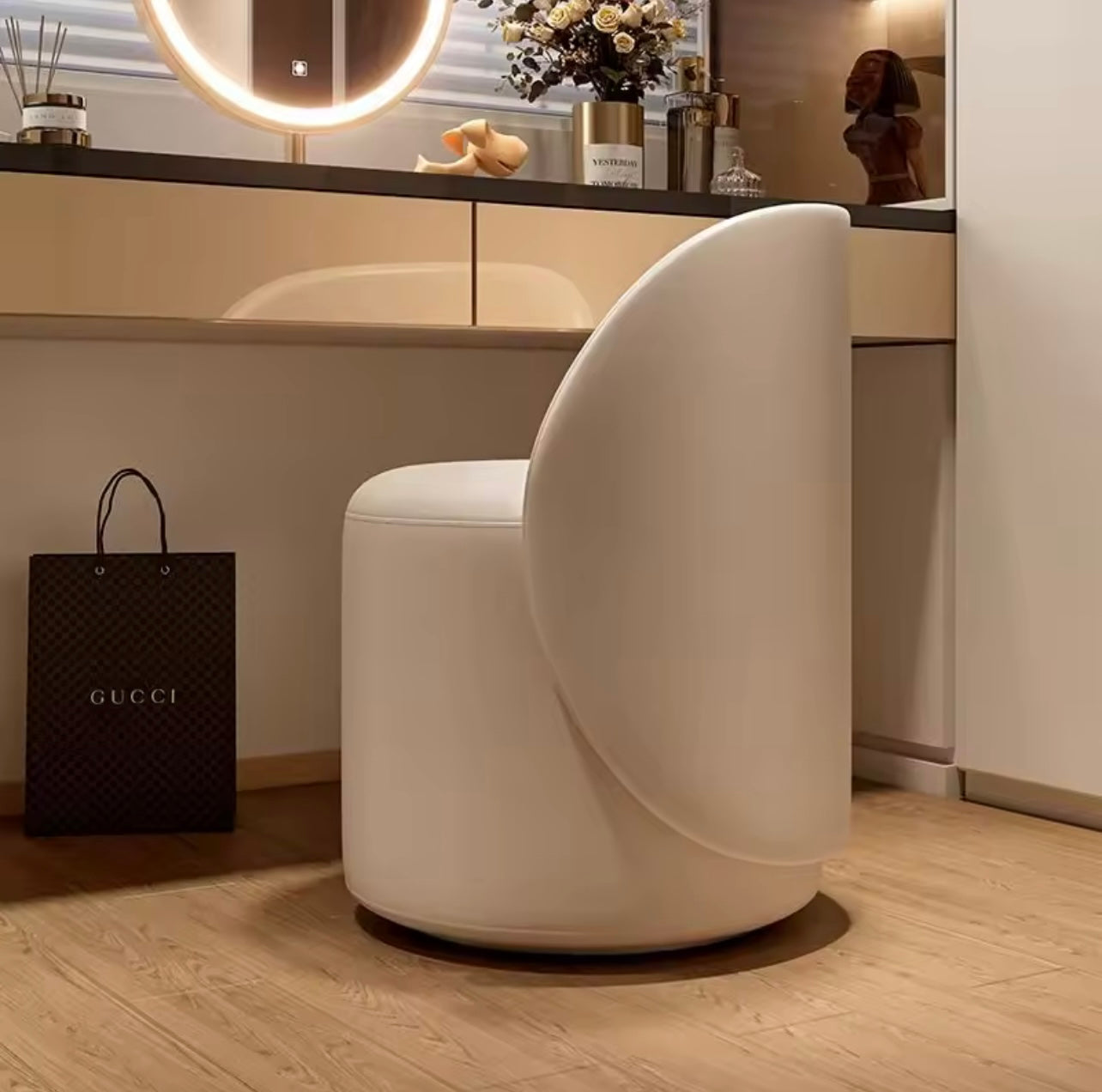 Modern Upholstered Barrel Dining Chair, 360 Degree White Swivel Chair