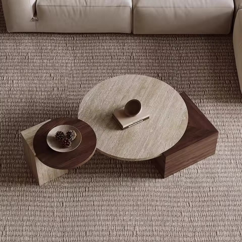 Solid Wood & Roman Cave Stone Coffee Table with Rounded Corners