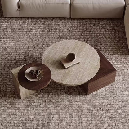 Solid Wood & Roman Cave Stone Coffee Table with Rounded Corners