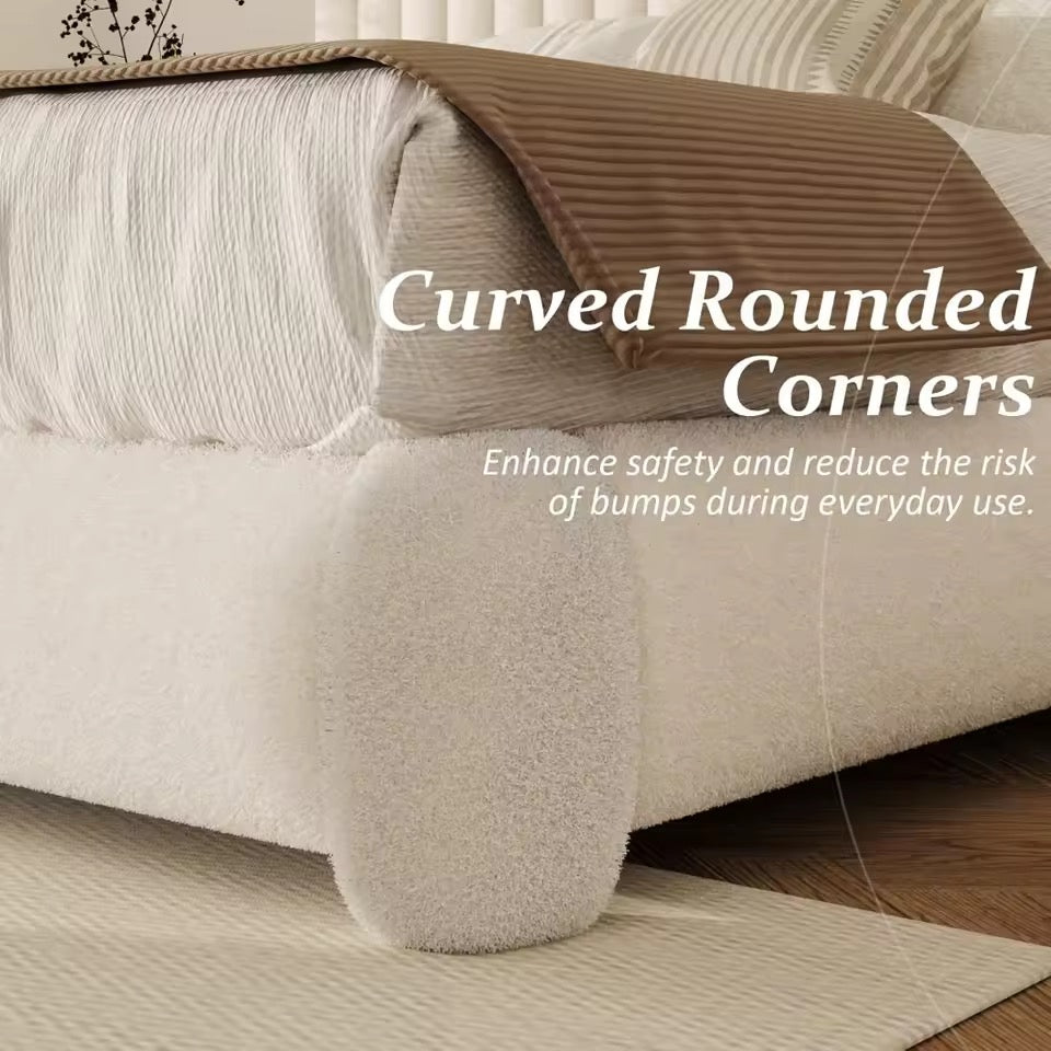 Beige Upholstered Boucle Platform Bed with Adjustable Headboard