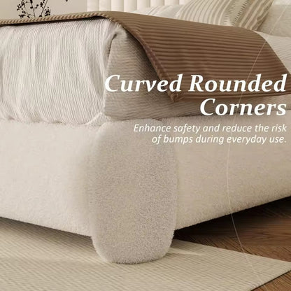 Beige Upholstered Boucle Platform Bed with Adjustable Headboard