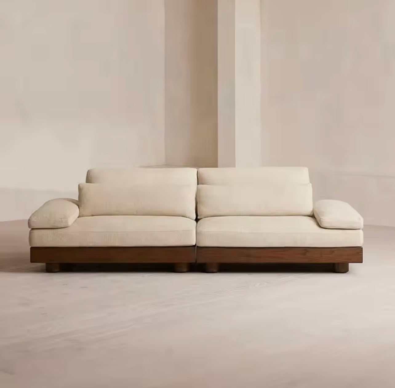 Beige Cotton and Linen French Minimalist Sofa with Walnut Base