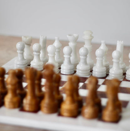 Travel Chess Board - Marble Chess Set - White and Brown Chess Board