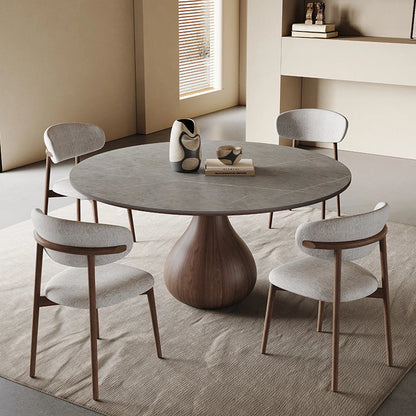 Round Sintered Stone Dining Table with Solid Wood Base