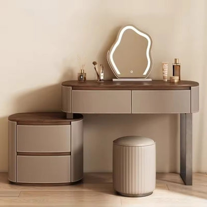 Saddle Leather Vanity Table with LED Mirror & Adjustable Storage, Walnut