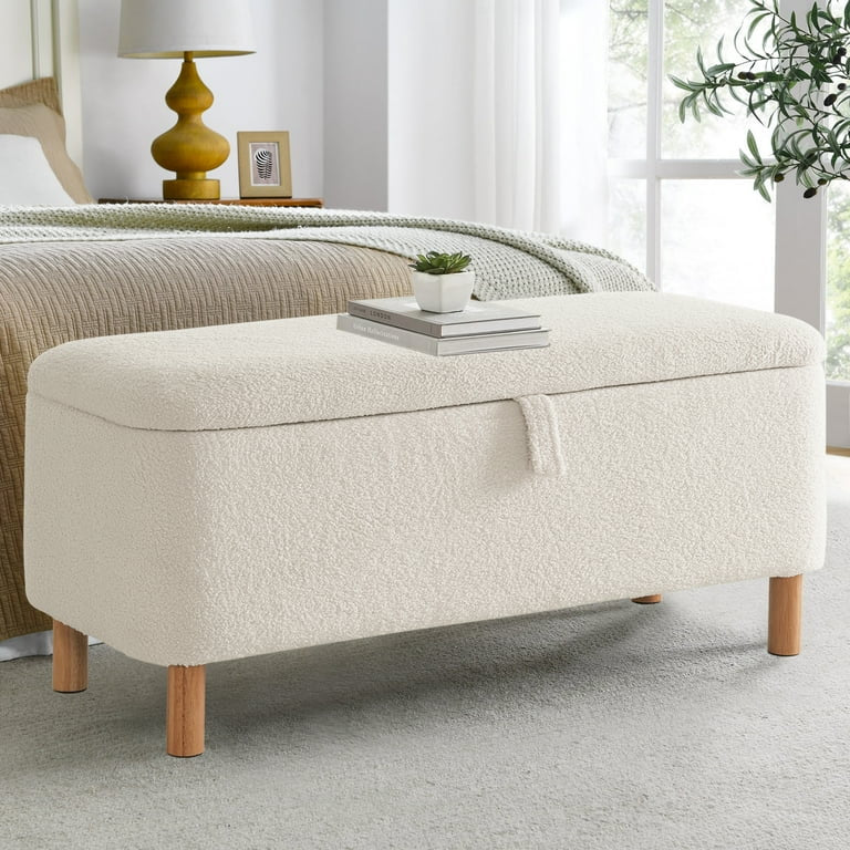 White Upholstered Entryway Storage Ottoman Bench