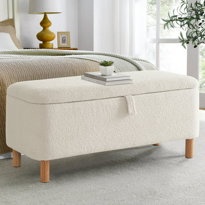 White Upholstered Entryway Storage Ottoman Bench