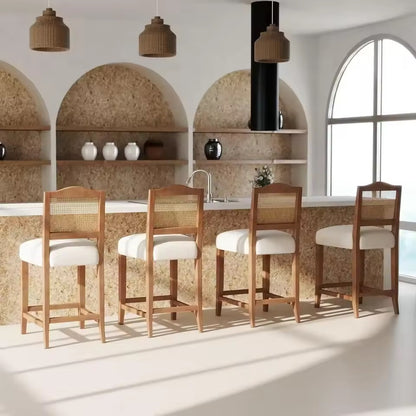 Set of 4 Rattan Barstools, Mid Century Counter Height Stools