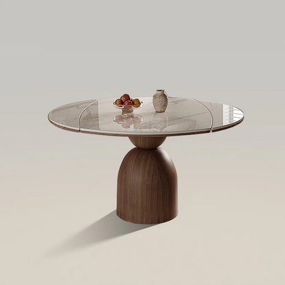 Modern Round Extendable Dining Table, Minimalist Walnut Wood Table