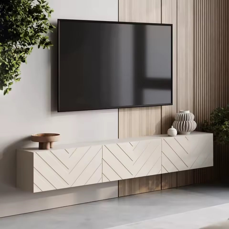 71” Beige Floating TV Console with Push-to-Open Media Cabinet