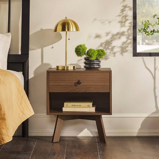 Mid-Century Mocha Wood Nightstand with Drawer