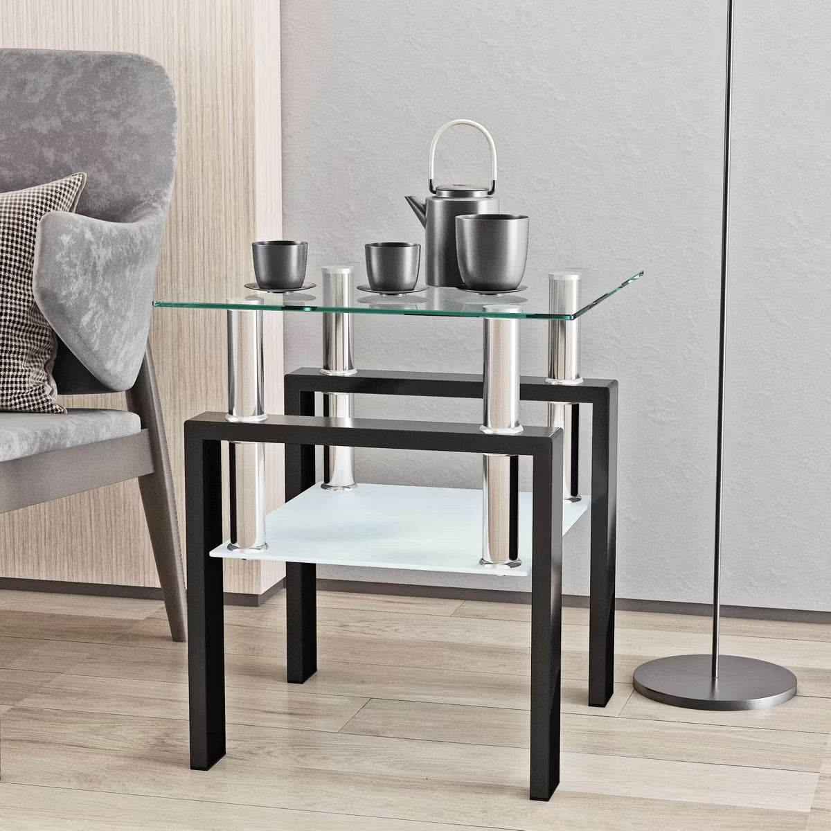 Black Tempered Glass Square End Table