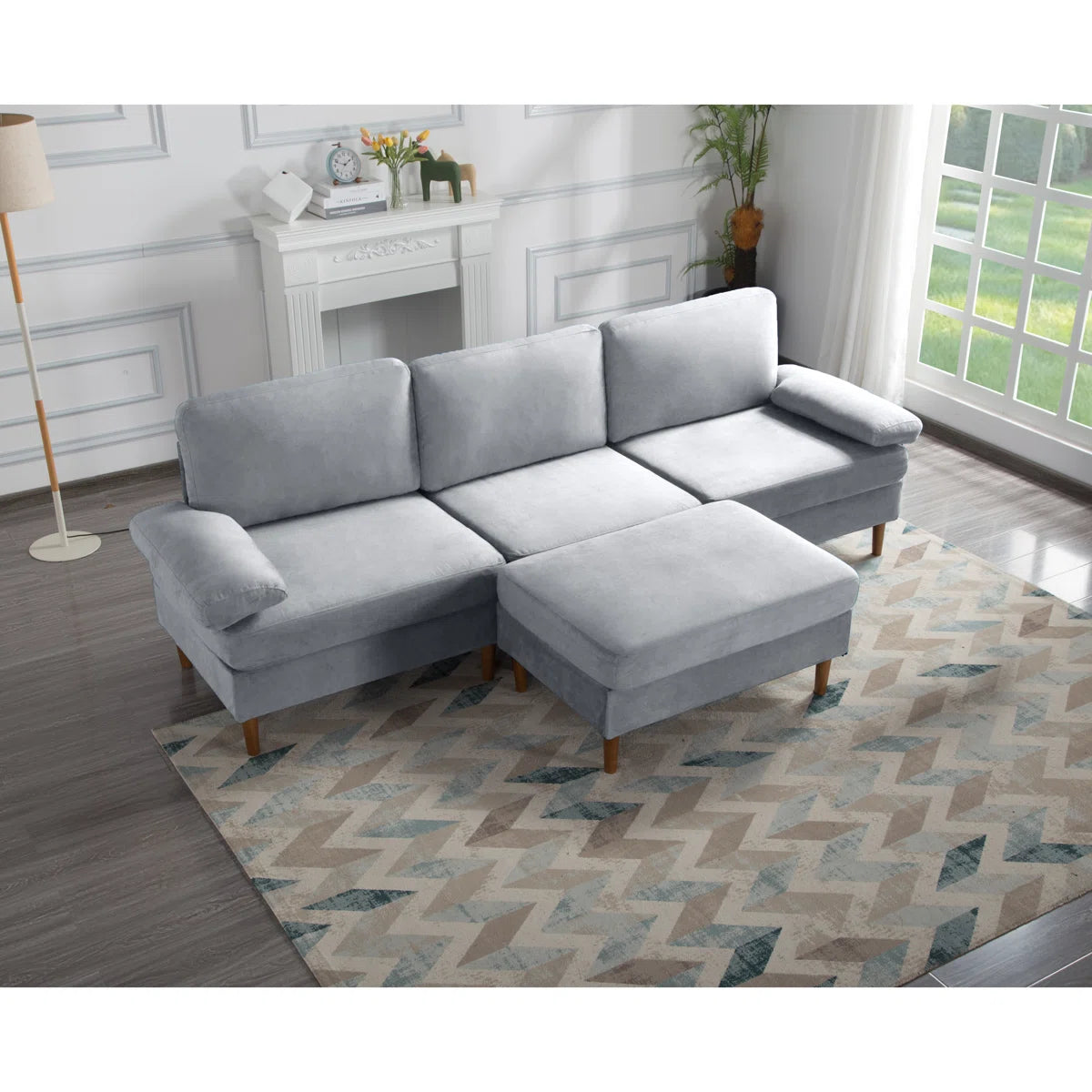 102" Gray Modular Velvet Sectional Sofa with Ottoman
