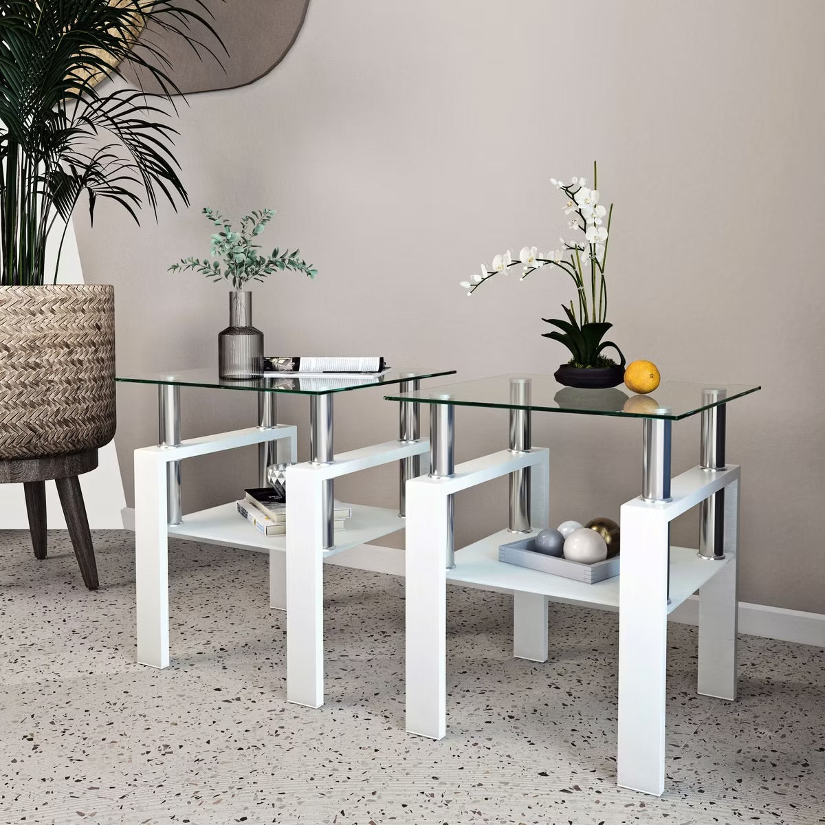 Set of 2 Tempered Glass End Tables - White