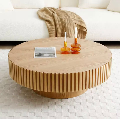 Round Wood Coffee Table, Mid Century Fluted Drum Edge Table