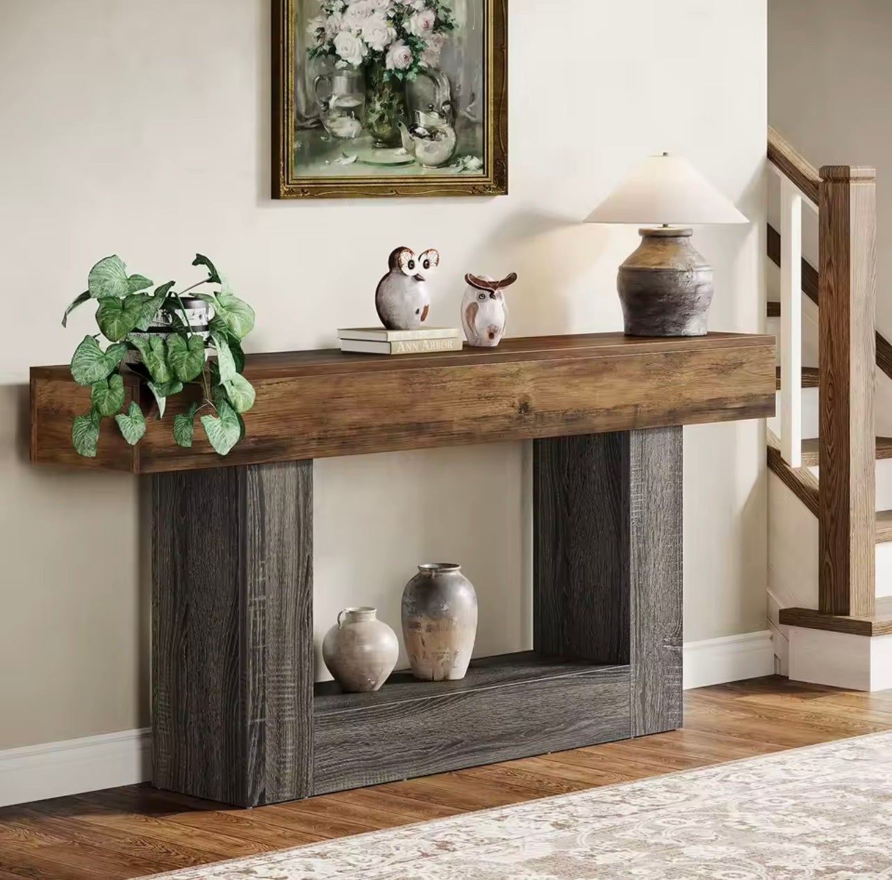 63” Farmhouse Console Table with U-Shaped Base and Lower Shelf