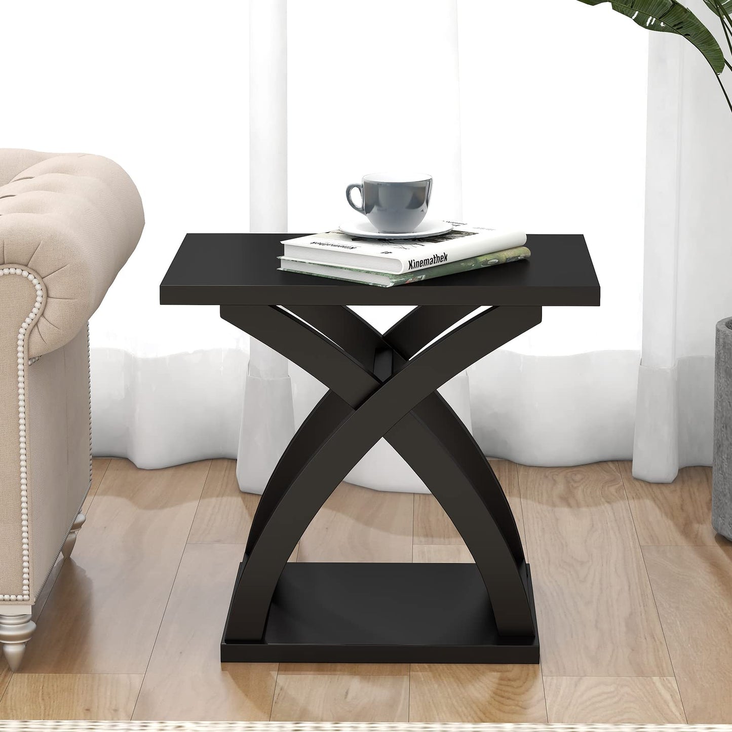 Modern Black X-Design End Table with Shelf