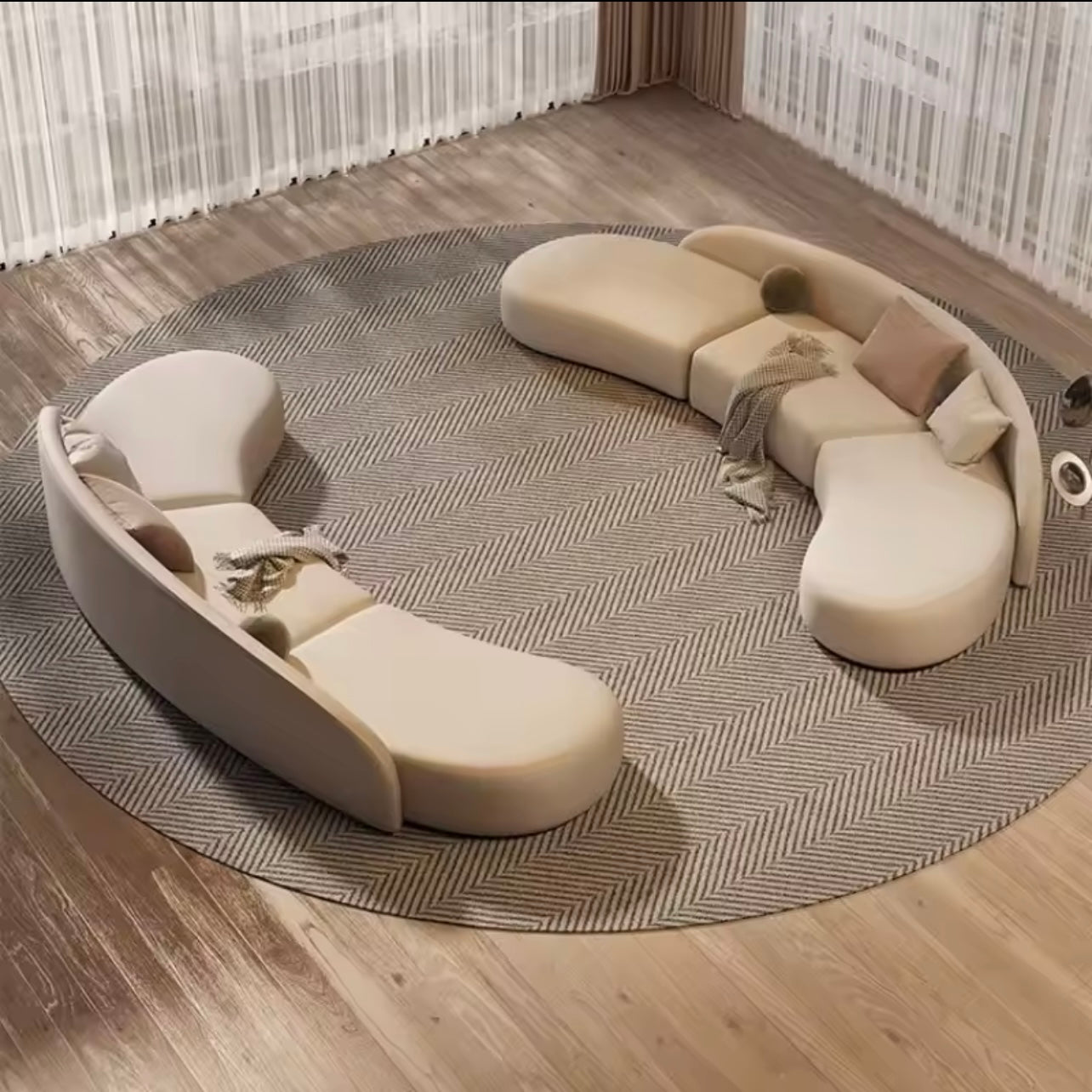 Ergonomic Curved Velvet Modular Sofa in Beige