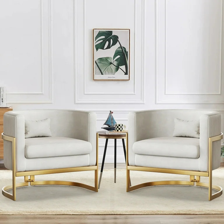 Ivory Velvet Accent Chair with Gold Legs, Mid Century Barrel Chair