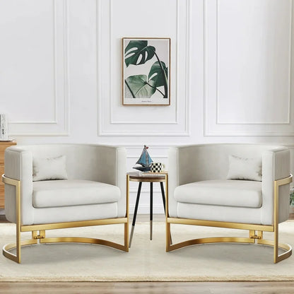 Ivory Velvet Accent Chair with Gold Legs, Mid Century Barrel Chair