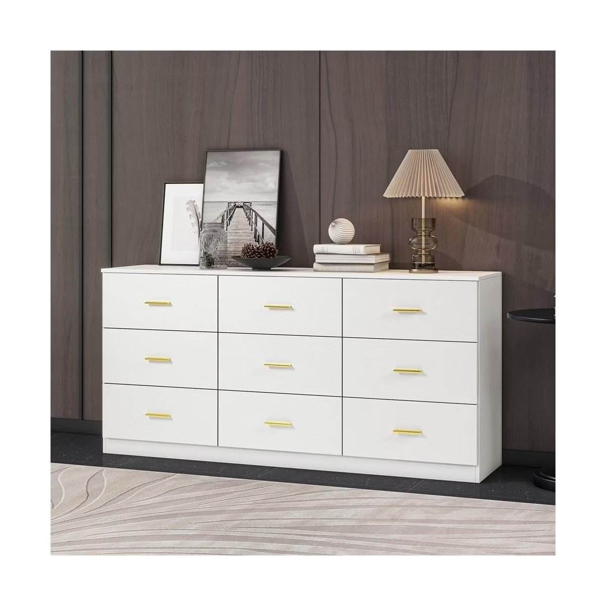 White 9-Drawer Bedroom Dresser with Gold Handles