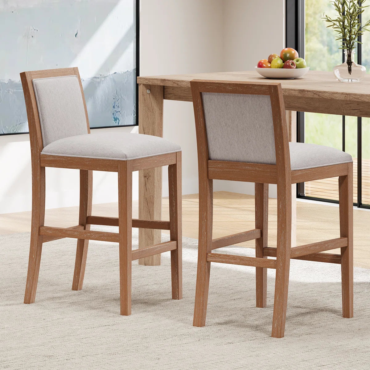 Set of 2 Beige Retro Fabric Bar Stools