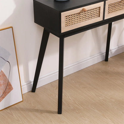 Rattan Side Table, Black Entryway Console with Storage