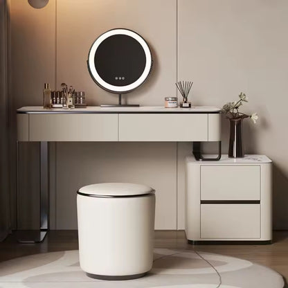 Beige Minimalist Vanity Table with Rock Slab Countertop