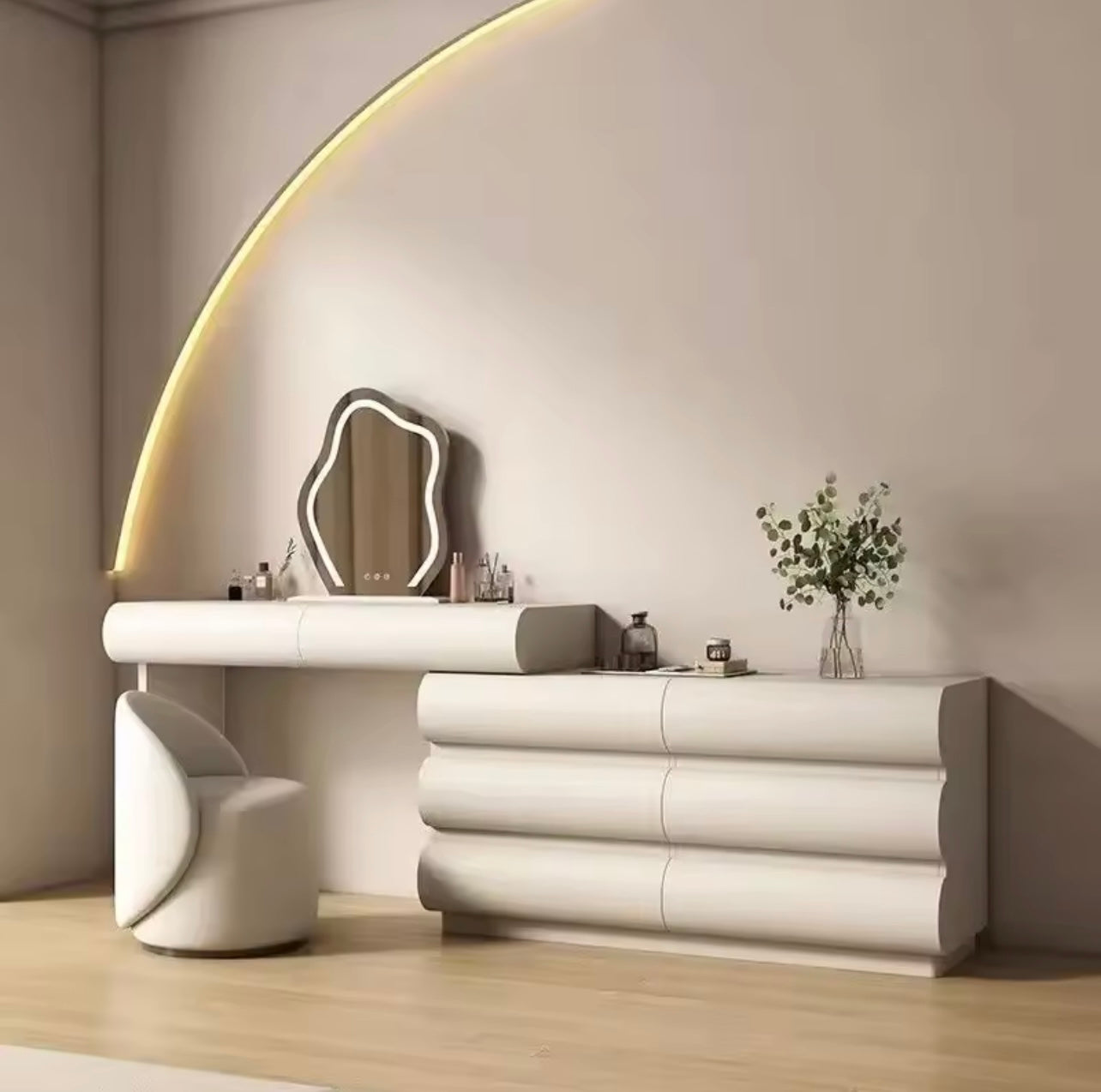 Minimalist Adjustable Luxury Vanity Table with Mirror, Drawers & Stool