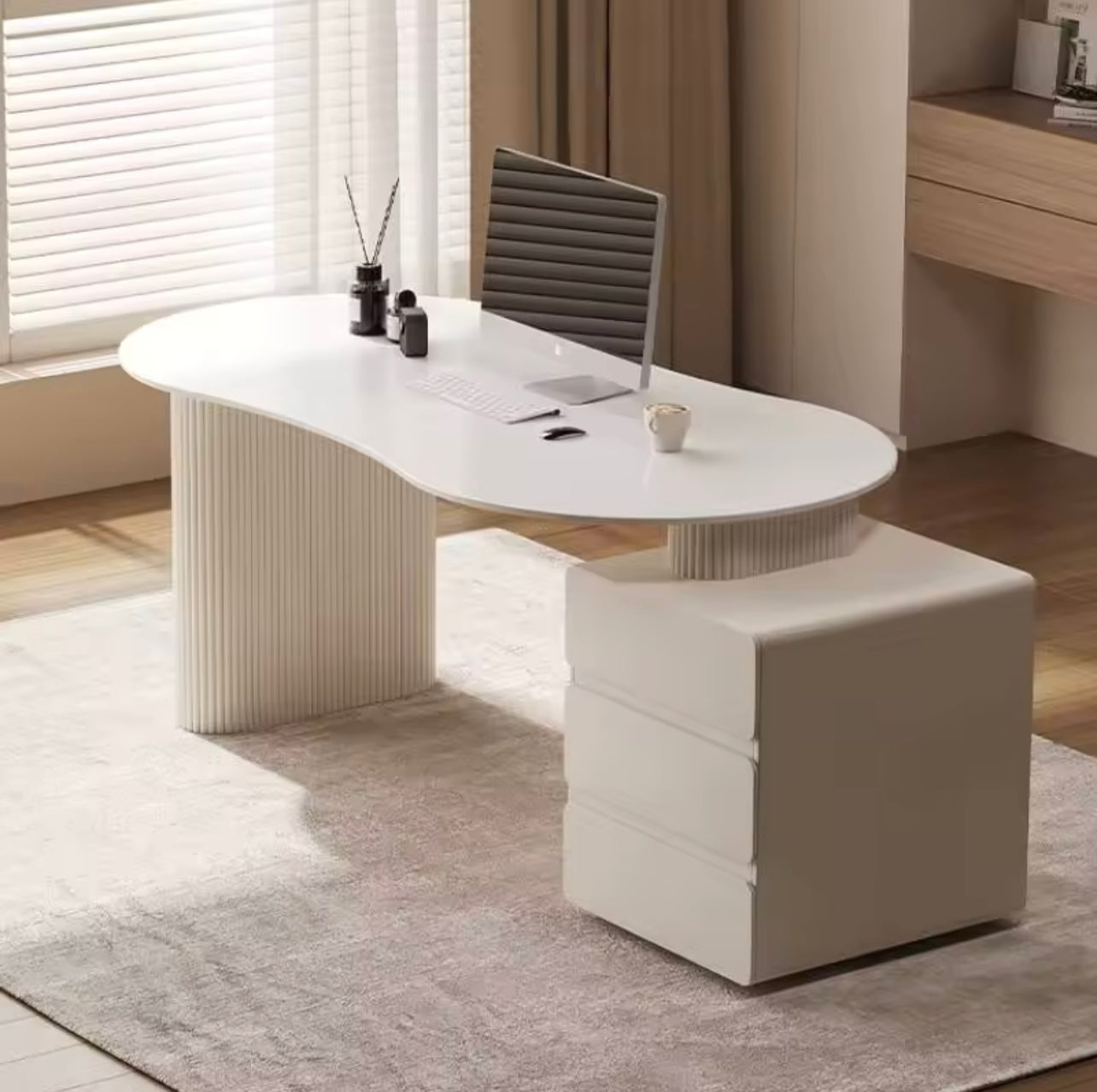 French Cream Minimalist Desk, Home Office Table with Storage