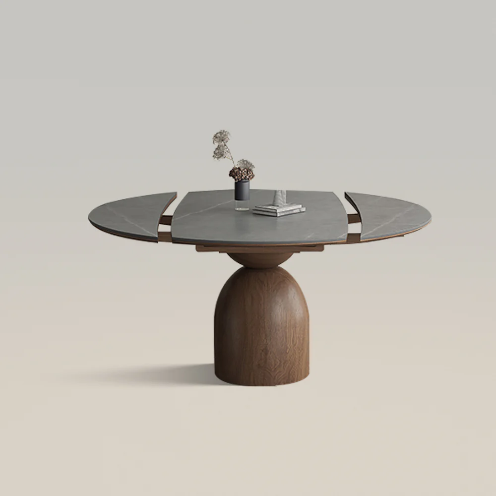 Modern Round Extendable Dining Table, Minimalist Walnut Wood Table