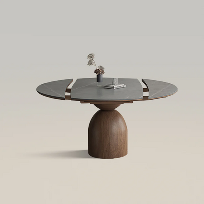 Modern Round Extendable Dining Table, Minimalist Walnut Wood Table