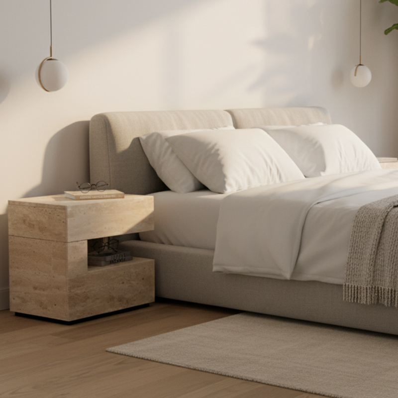 Minimalist Stone-Finish Bedside Table with Built-In Ambient Light