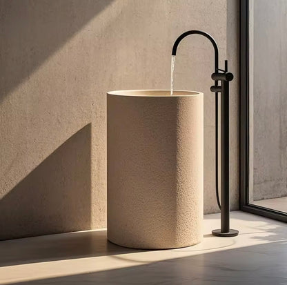 Beige Marble Pedestal Sink, Hand-carved Freestanding Basin