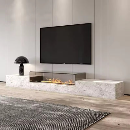 Italian Minimalist Marble TV Stand Set with Heat-Bent Glass & 3D Fireplace