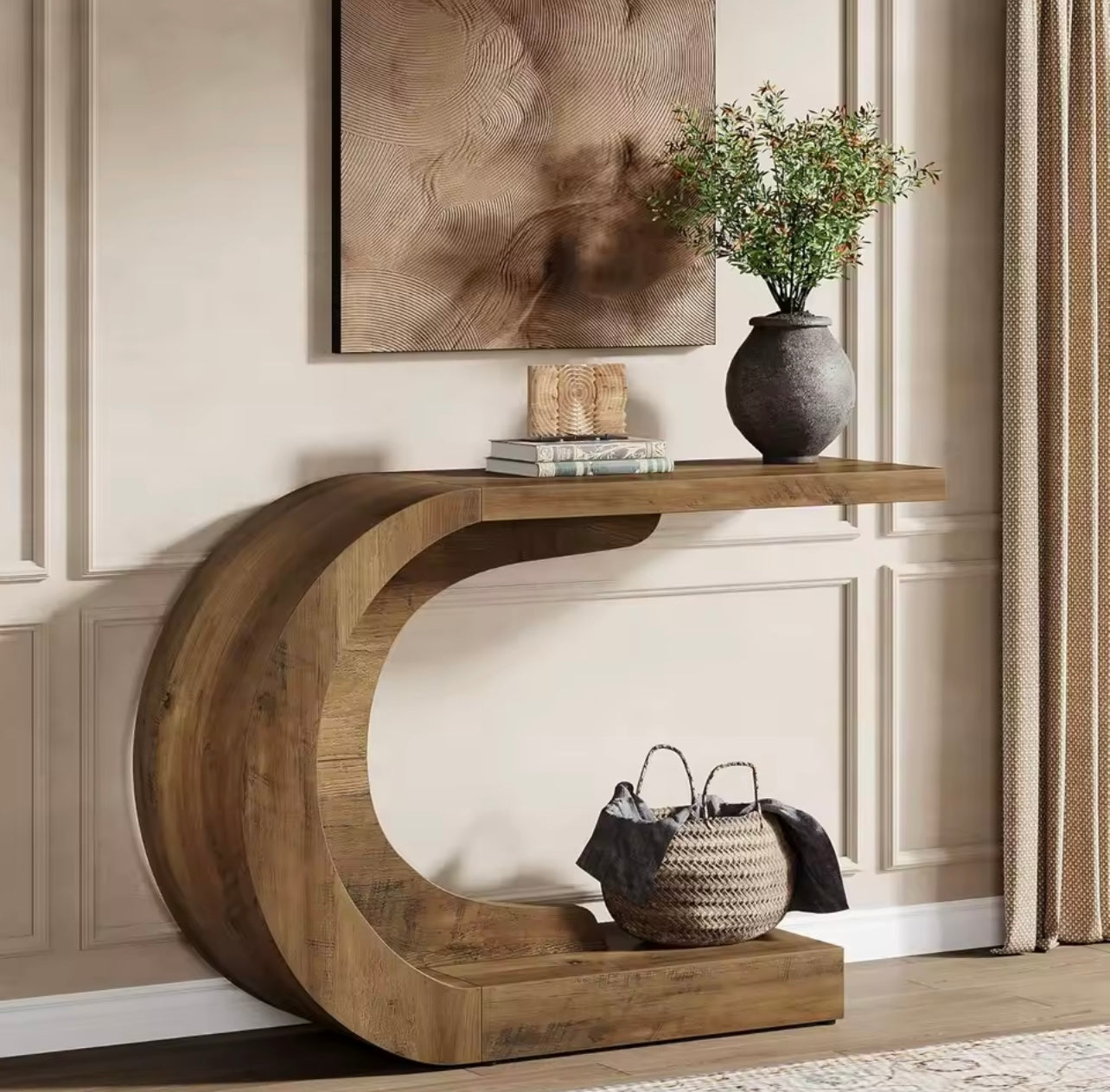 43.3” C-Shaped Console Table with Storage, Rustic Entryway Sofa Table