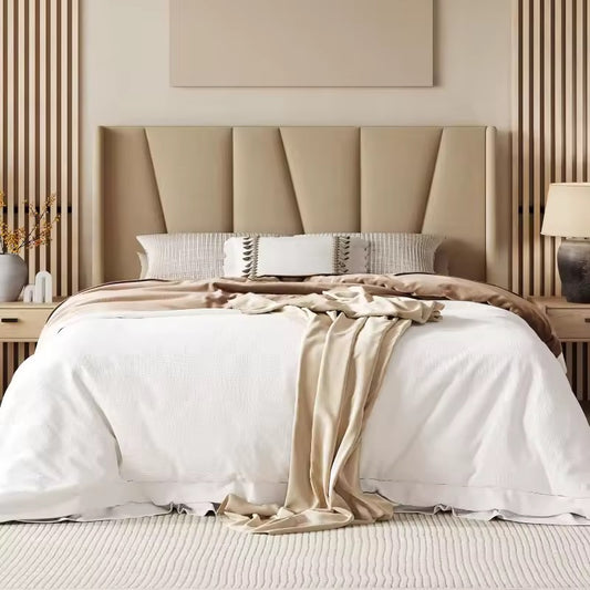 Beige Upholstered Queen Bed Frame with Geometric Wingback Headboard